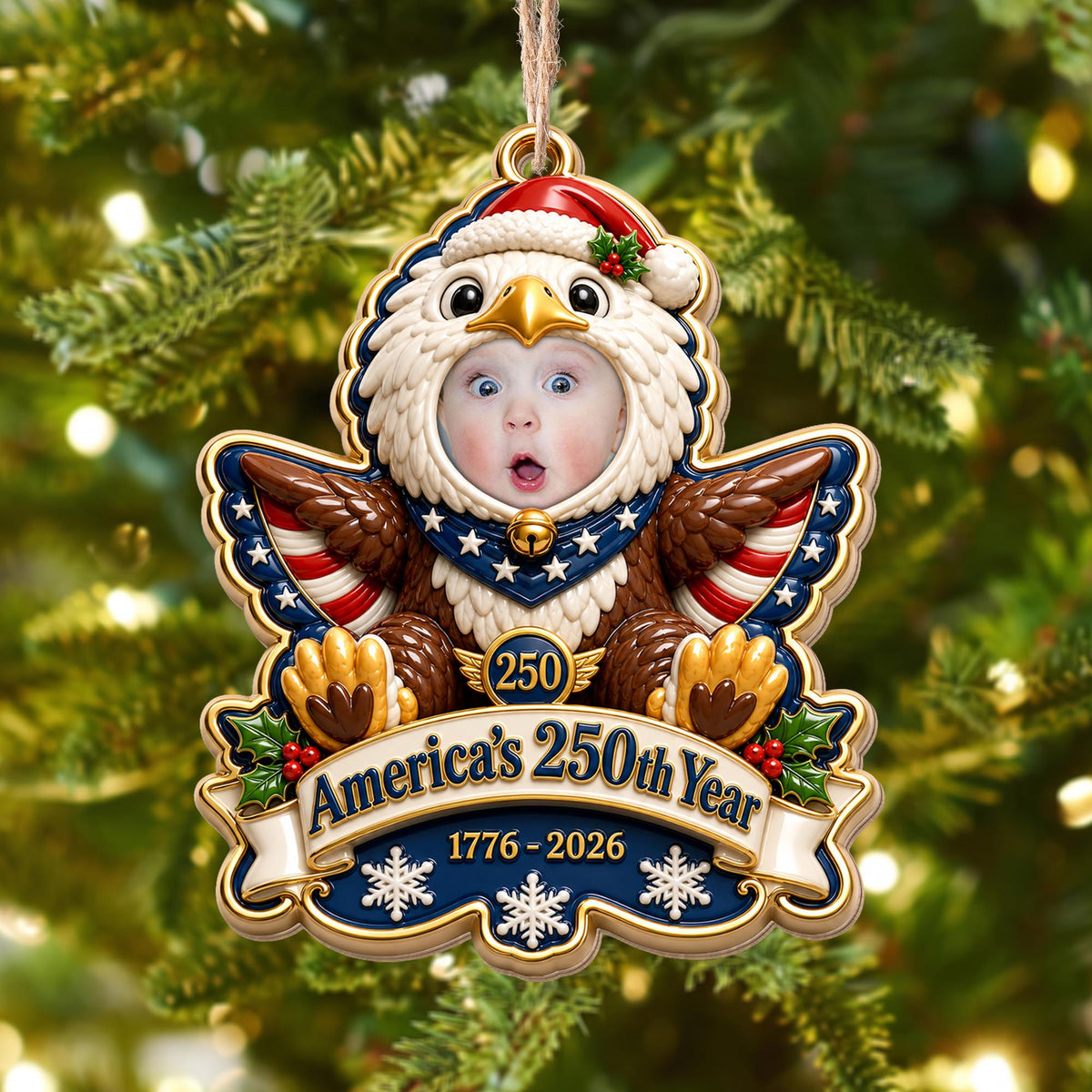 America's 250th Year Patriotic Eagle, Personalized Custom Wood Ornament, Gift For Grandkids - 4