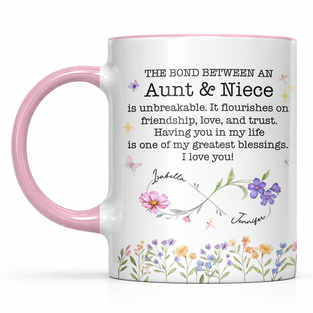 Custom "The Bond Between Aunt & Niece" Mug - 11oz Ceramic Accent Coffee Cup - Mother's Day, Birthday Floral Gift for Auntie, Niece - 10