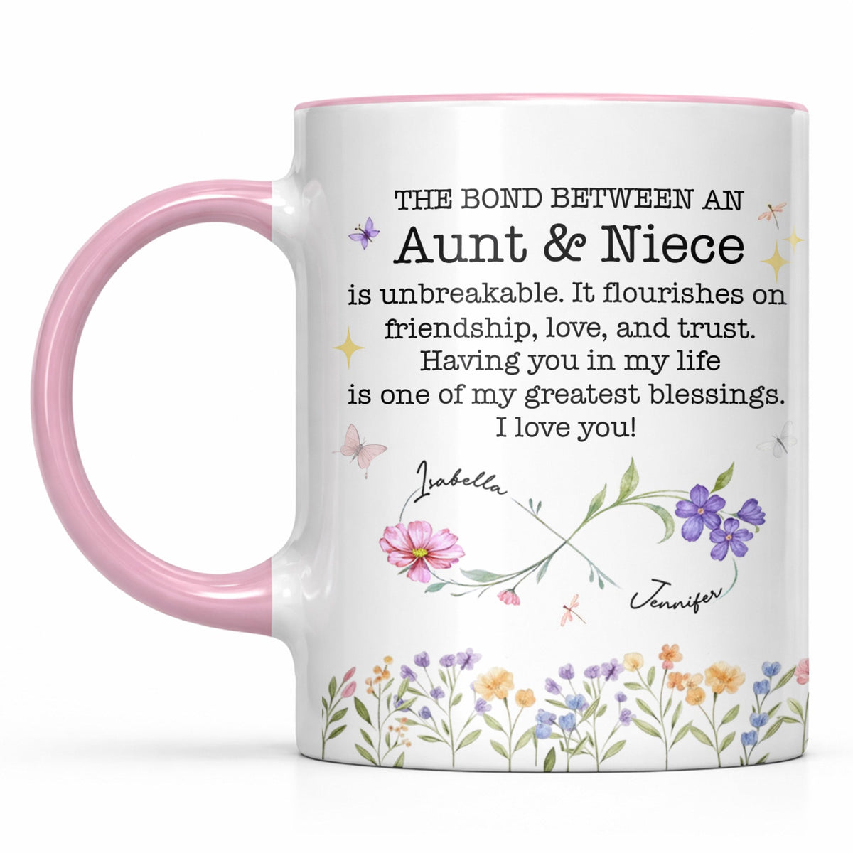 Custom "The Bond Between Aunt & Niece" Mug - 11oz Ceramic Accent Coffee Cup - Mother's Day, Birthday Floral Gift for Auntie, Niece - 10