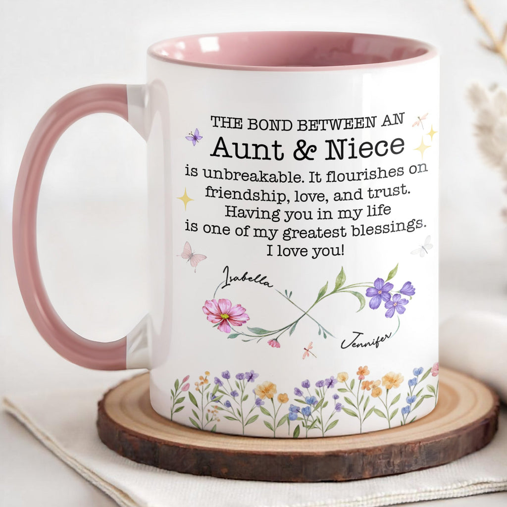 Custom "The Bond Between Aunt & Niece" Mug - 11oz Ceramic Accent Coffee Cup - Mother's Day, Birthday Floral Gift for Auntie, Niece - 9