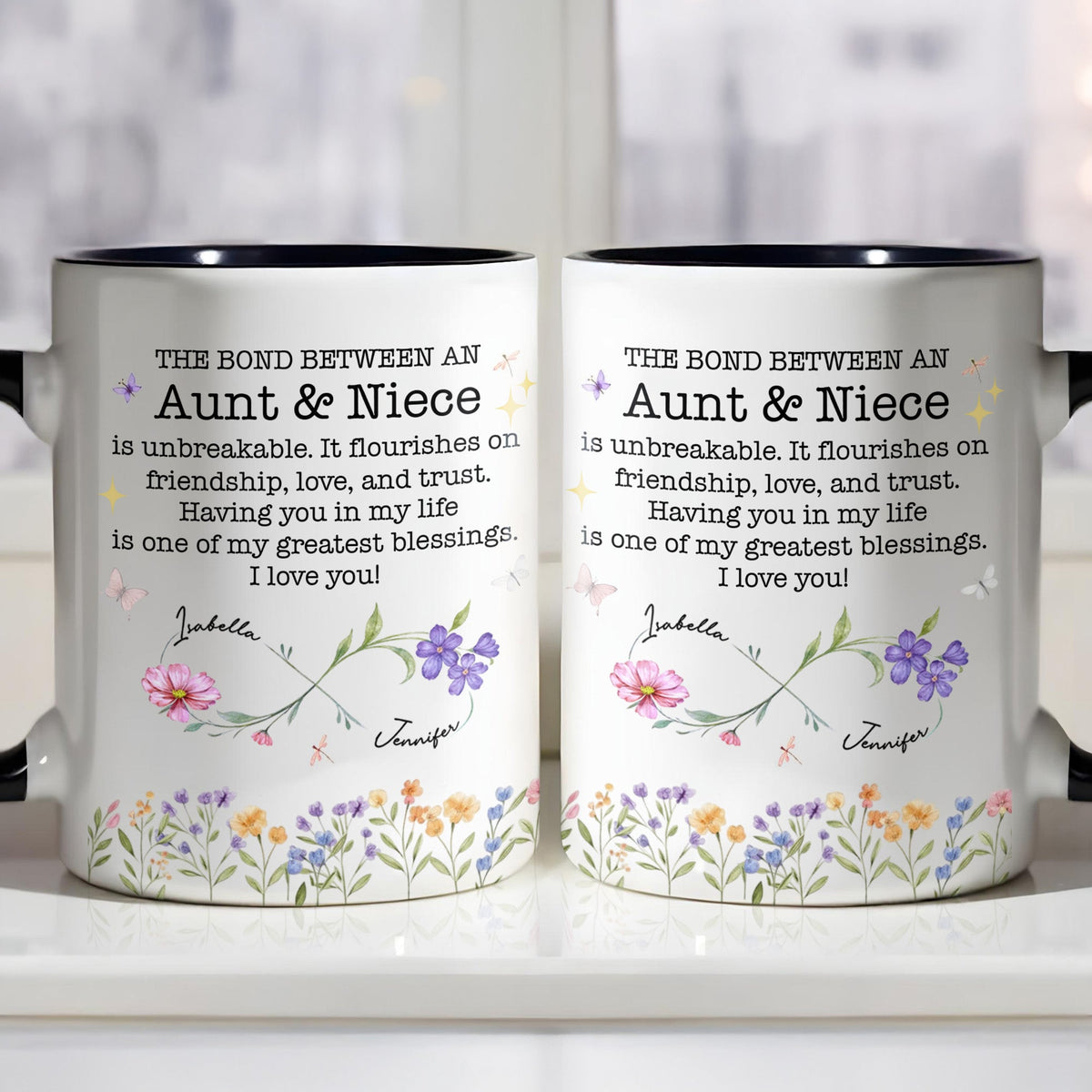 Custom "The Bond Between Aunt & Niece" Mug - 11oz Ceramic Accent Coffee Cup - Mother's Day, Birthday Floral Gift for Auntie, Niece - 4
