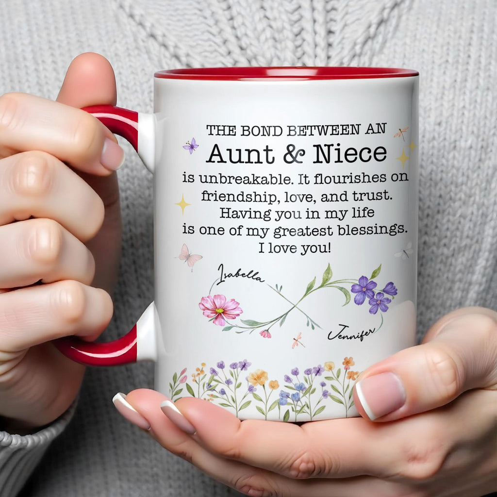 Custom "The Bond Between Aunt & Niece" Mug - 11oz Ceramic Accent Coffee Cup - Mother's Day, Birthday Floral Gift for Auntie, Niece - 5