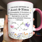 Custom "The Bond Between Aunt & Niece" Mug - 11oz Ceramic Accent Coffee Cup - Mother's Day, Birthday Floral Gift for Auntie, Niece - 1