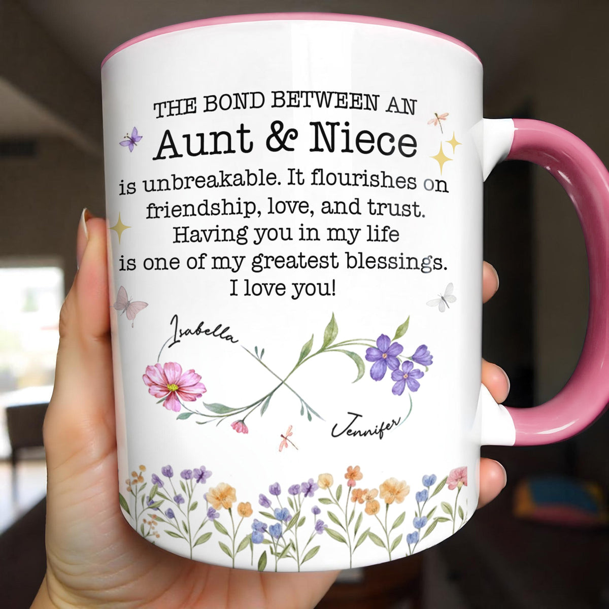 Custom "The Bond Between Aunt & Niece" Mug - 11oz Ceramic Accent Coffee Cup - Mother's Day, Birthday Floral Gift for Auntie, Niece - 1