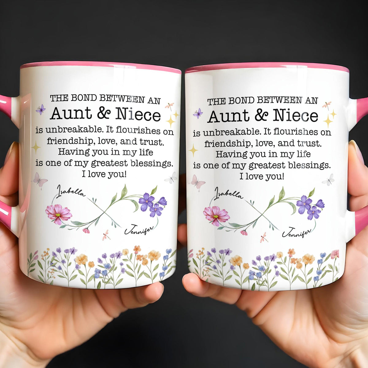 Custom "The Bond Between Aunt & Niece" Mug - 11oz Ceramic Accent Coffee Cup - Mother's Day, Birthday Floral Gift for Auntie, Niece - 6
