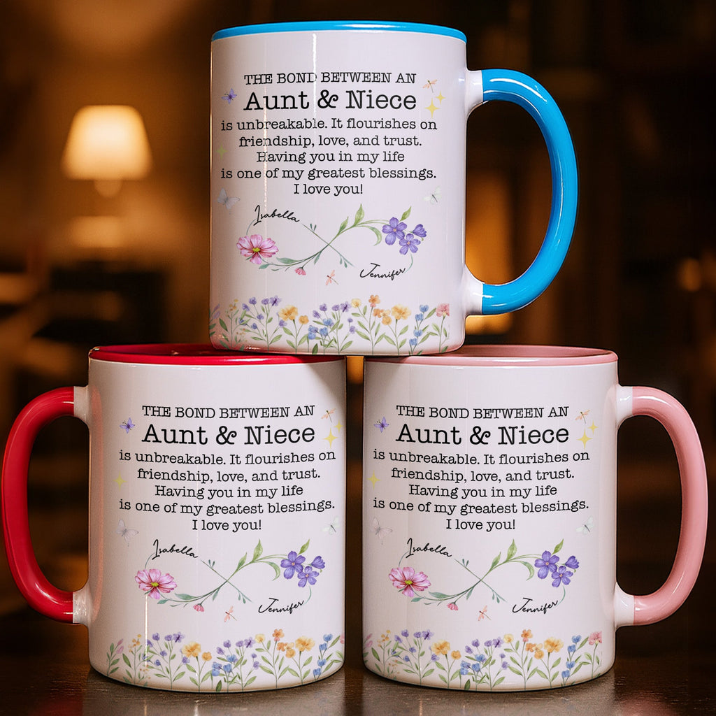 Custom "The Bond Between Aunt & Niece" Mug - 11oz Ceramic Accent Coffee Cup - Mother's Day, Birthday Floral Gift for Auntie, Niece - 3
