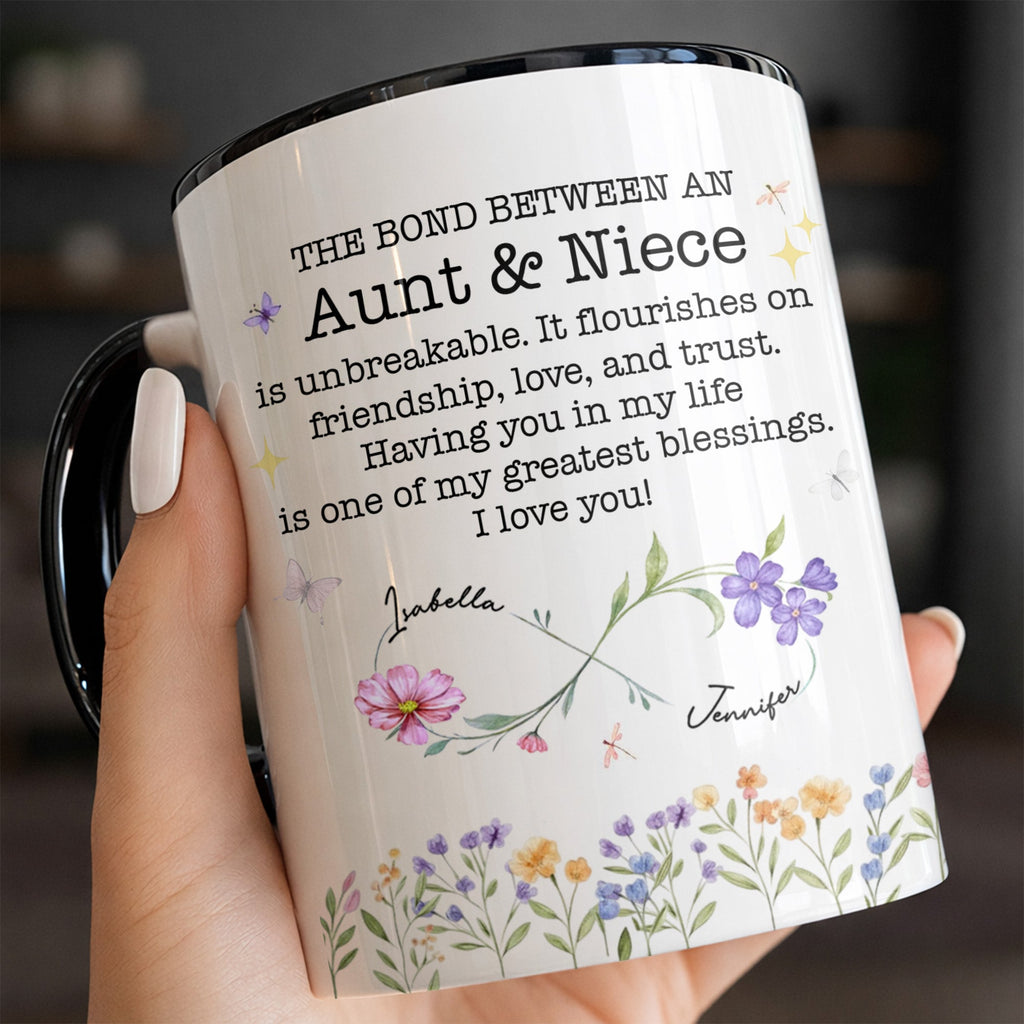 Custom "The Bond Between Aunt & Niece" Mug - 11oz Ceramic Accent Coffee Cup - Mother's Day, Birthday Floral Gift for Auntie, Niece - 2
