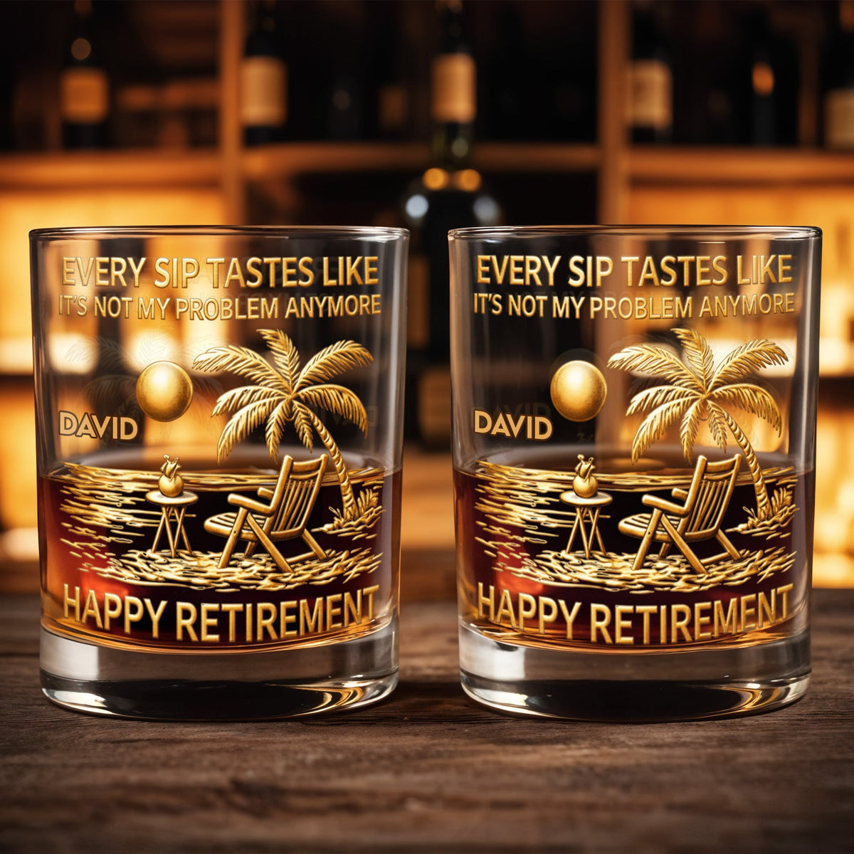Every Sip Tastes Like Happy Retirement, Palm Trees Beach Chair Sun, Personalized Custom Whiskey Glass, Gift For Retirees - 2