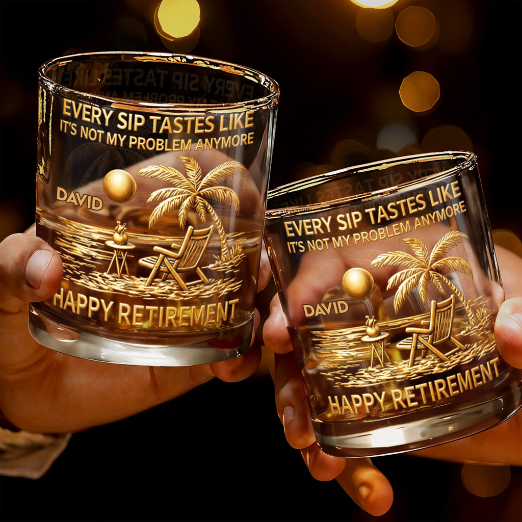 Every Sip Tastes Like Happy Retirement, Palm Trees Beach Chair Sun, Personalized Custom Whiskey Glass, Gift For Retirees - 3