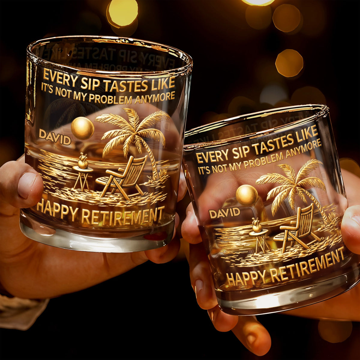 Every Sip Tastes Like Happy Retirement, Palm Trees Beach Chair Sun, Personalized Custom Whiskey Glass, Gift For Retirees - 3