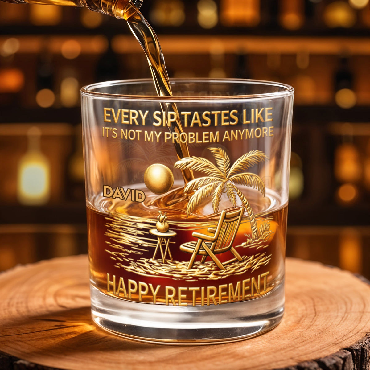 Every Sip Tastes Like Happy Retirement, Palm Trees Beach Chair Sun, Personalized Custom Whiskey Glass, Gift For Retirees - 4
