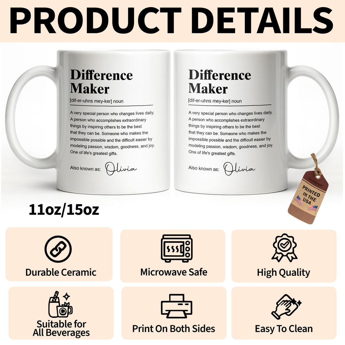 Personalized "Difference Maker" Coffee Mug - Custom 11oz Ceramic Tea Cup - Thank You Appreciation Gift for Mentor, Teacher, Boss, Leader - 10