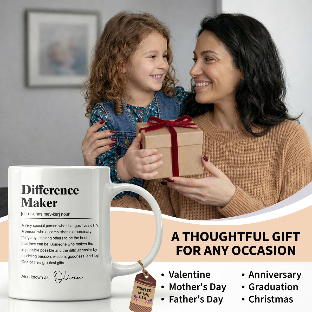 Personalized "Difference Maker" Coffee Mug - Custom 11oz Ceramic Tea Cup - Thank You Appreciation Gift for Mentor, Teacher, Boss, Leader - 11