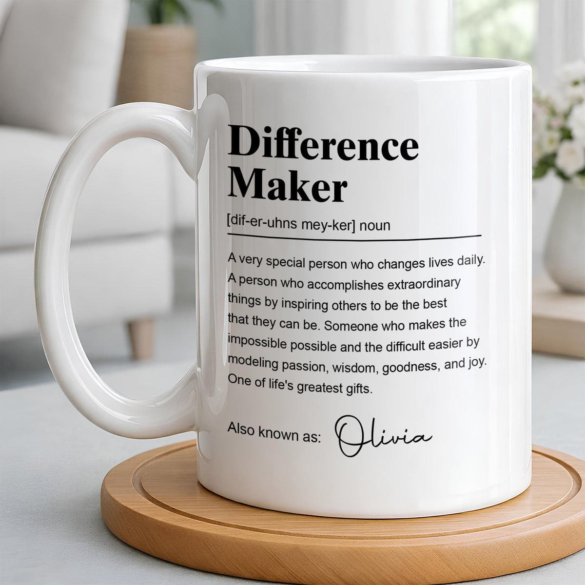 Personalized "Difference Maker" Coffee Mug - Custom 11oz Ceramic Tea Cup - Thank You Appreciation Gift for Mentor, Teacher, Boss, Leader - 3
