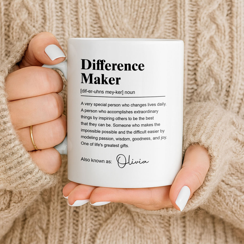 Personalized "Difference Maker" Coffee Mug - Custom 11oz Ceramic Tea Cup - Thank You Appreciation Gift for Mentor, Teacher, Boss, Leader - 9